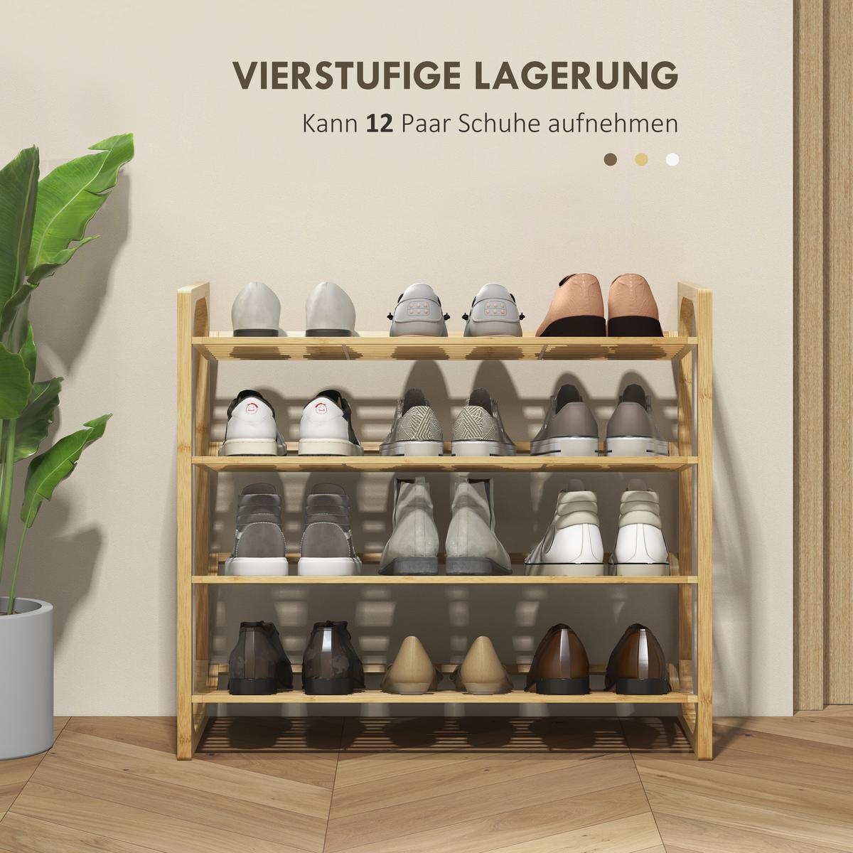 SCHUHREGAL, Schuhständer mit 4 Ebenen, für max. 12 Paar Schuhe, Natur - Naturfarben, Holz/Bambusholz (33/67/76cm) - HOMCOM