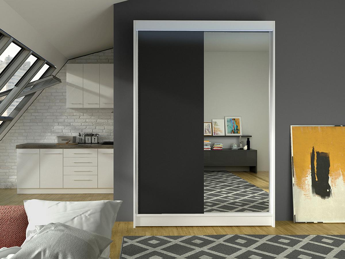 SCHWEBETÜRENSCHRANK Lino I mit RGB LED Beleuchtung - Schwarz/Weiß, Holzwerkstoff/Metall (120/200/58cm) - MIRJAN24