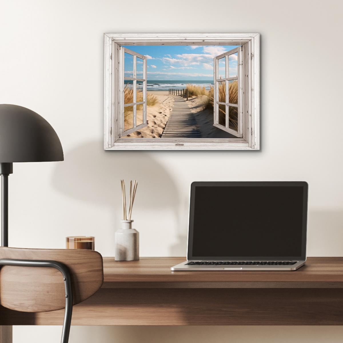 METALLBILD Fenster - Meer - Küste - Natur - Ausblick - Strand - Wattenmeer 40x30 cm - Beige, Metall (40/30cm) - MuchoWow