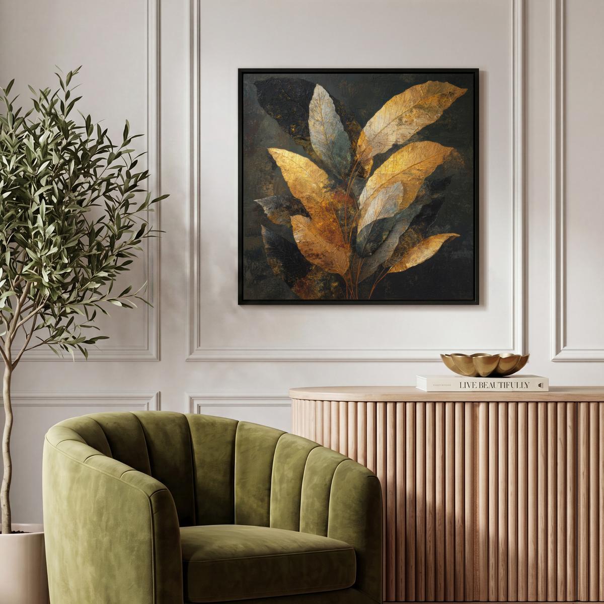 LEINWAND Bilder mit Rahmen - Golden Leaf Komposition - Botanical Luxury - 50x50 - Goldfarben, Textil (50/50cm) - MuchoWow