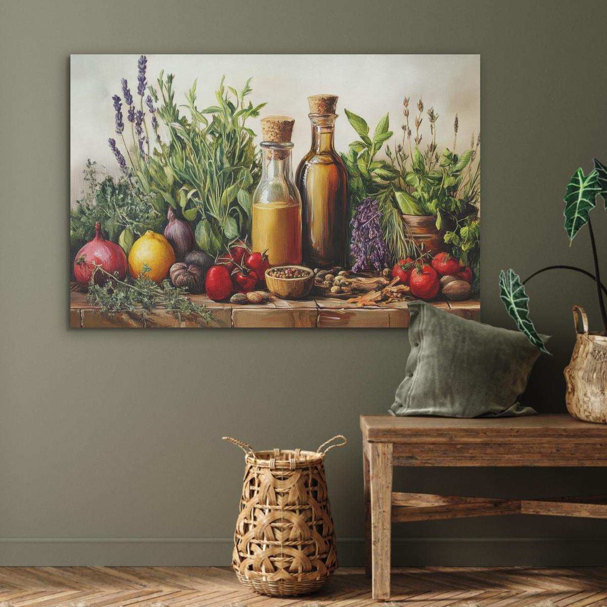 AKUSTIKBILD Stilleben - Kräuter - Gewürze - Früchte - Farbenfroh Wandbild Wohnzimmer 100x70 cm - Grün, Kunststoff (100/70/0.9cm) - MuchoWow