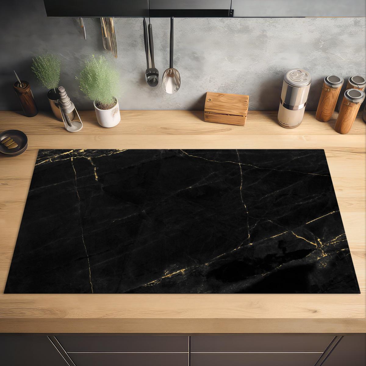HERDABDECKPLATTE Marmor - Schwarz - Gold - Chic - Marmoroptik - Design Induktionsschutz 91.6x52.7 cm - Schwarz, Kunststoff (91.6/52.7/0.2cm) - MuchoWow