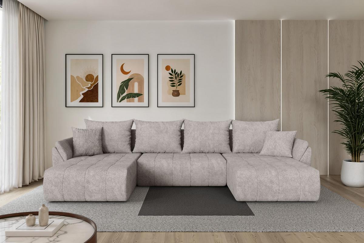 WOHNLANDSCHAFT mit Schlaffunktion und Bettkasten TOKO-U 378x194x86 Hellgrau Velours - Hellgrau/Schwarz, Holzwerkstoff/Kunststoff (378/86/194cm) - ALTDECOR