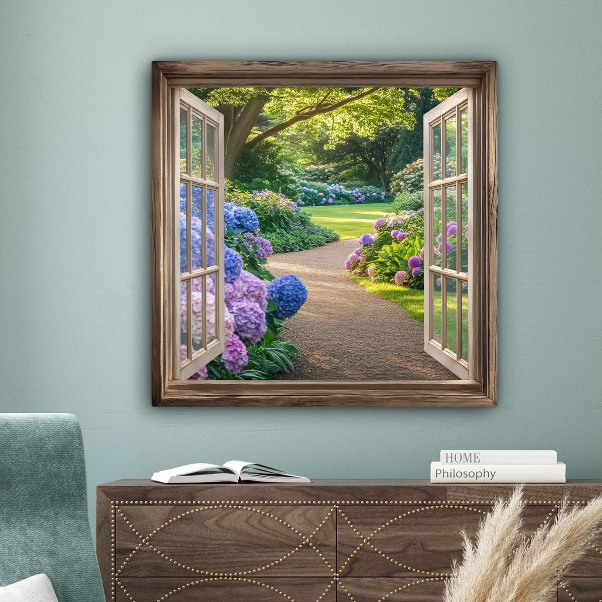 LEINWANDBILD Aussicht - Garten - Fenster - Hortensie - Blumen Deko Groß 90x90 cm - Pastellblau, Textil (90/90cm) - MuchoWow