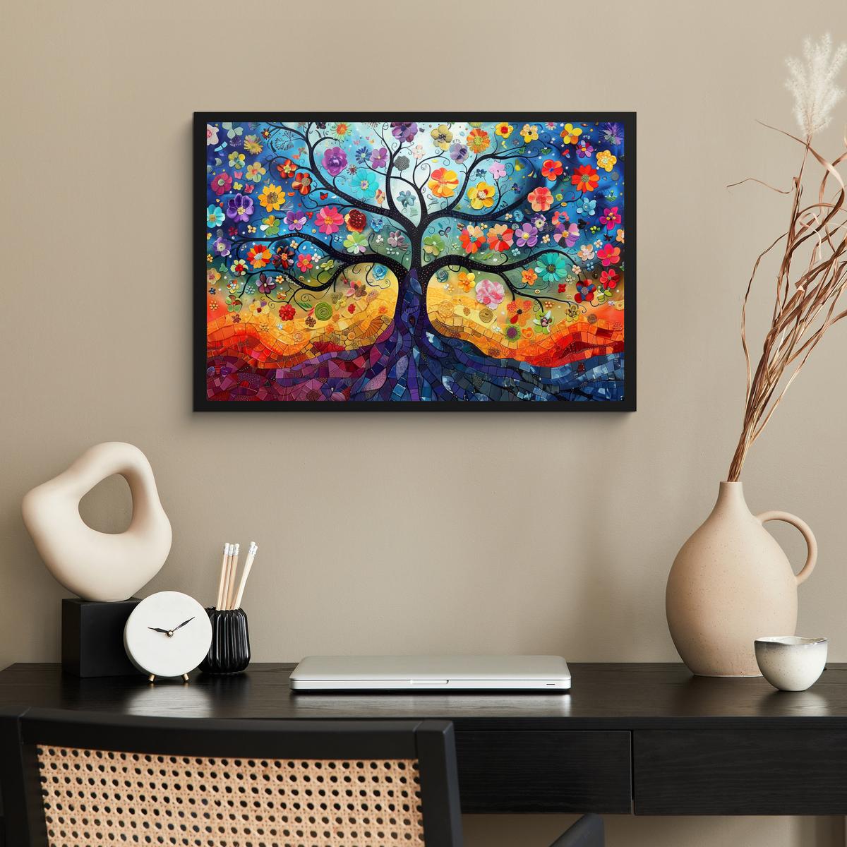 POSTER MIT RAHMENGERAHMTES BILD Kunst - Baum des Lebens - Blumen - Hippie 60x40 cm - Dunkelblau, Papier (60/40cm) - MuchoWow