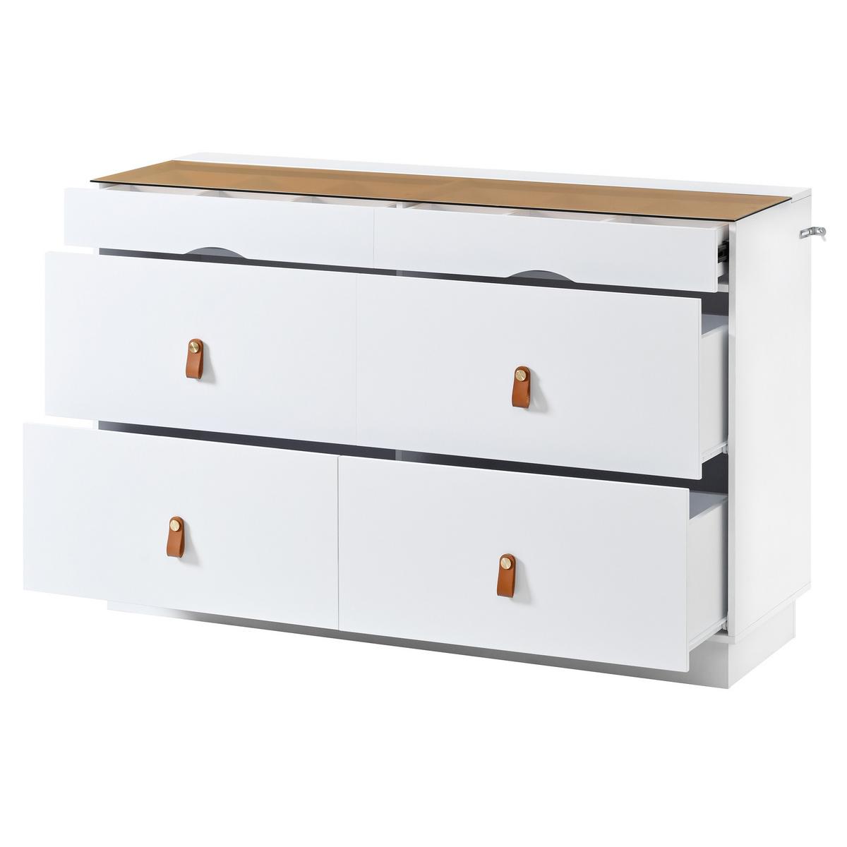 SIDEBOARD weiß mit glasplatte 120 cm, 6 schubladen & schmuckfach - Weiß, Holzwerkstoff (120/78/40cm) - Urban Meuble