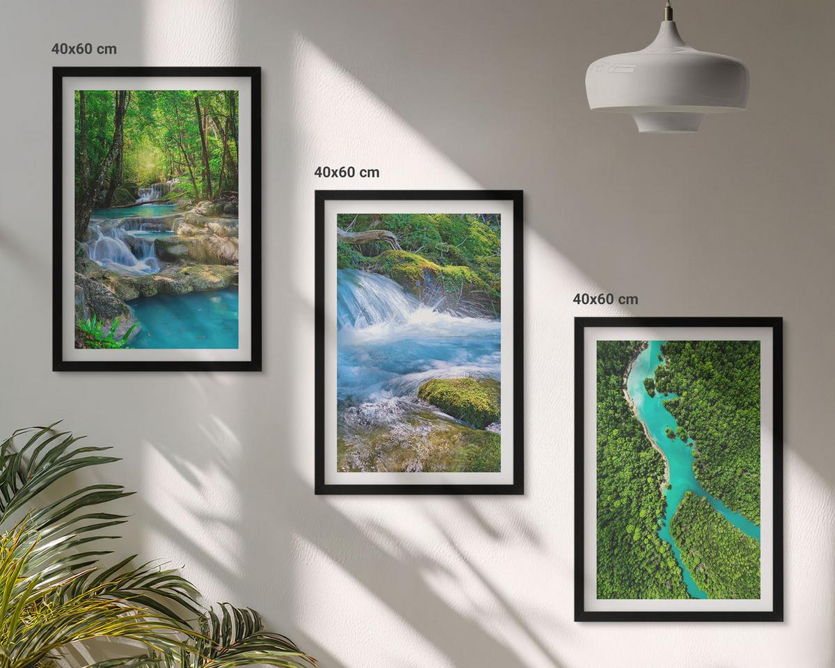 BILDER SET 3er Set - 40x60 cm Schwarzer Rahmen - Grüne Wälder, kristallklares Wasser - Schwarz, Kunststoff (40/60cm) - TULUP