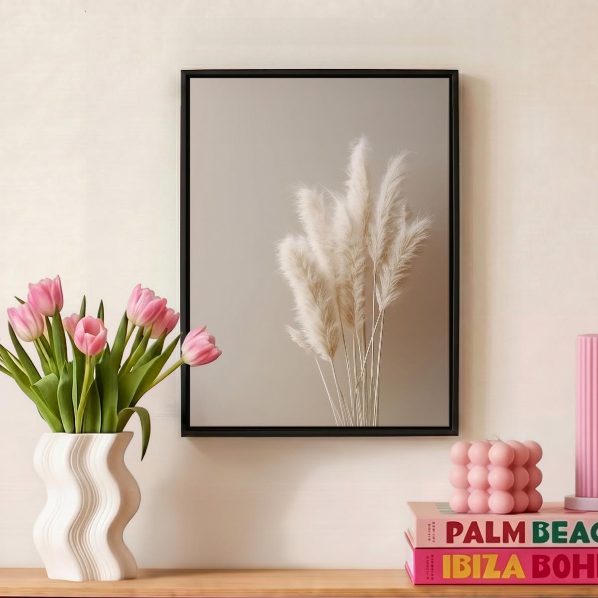 LEINWAND Bilder mit Rahmen - Pampasgras - Federn - Pastell - Weiß - 30x40 - Naturfarben, Textil (30/40cm) - MuchoWow
