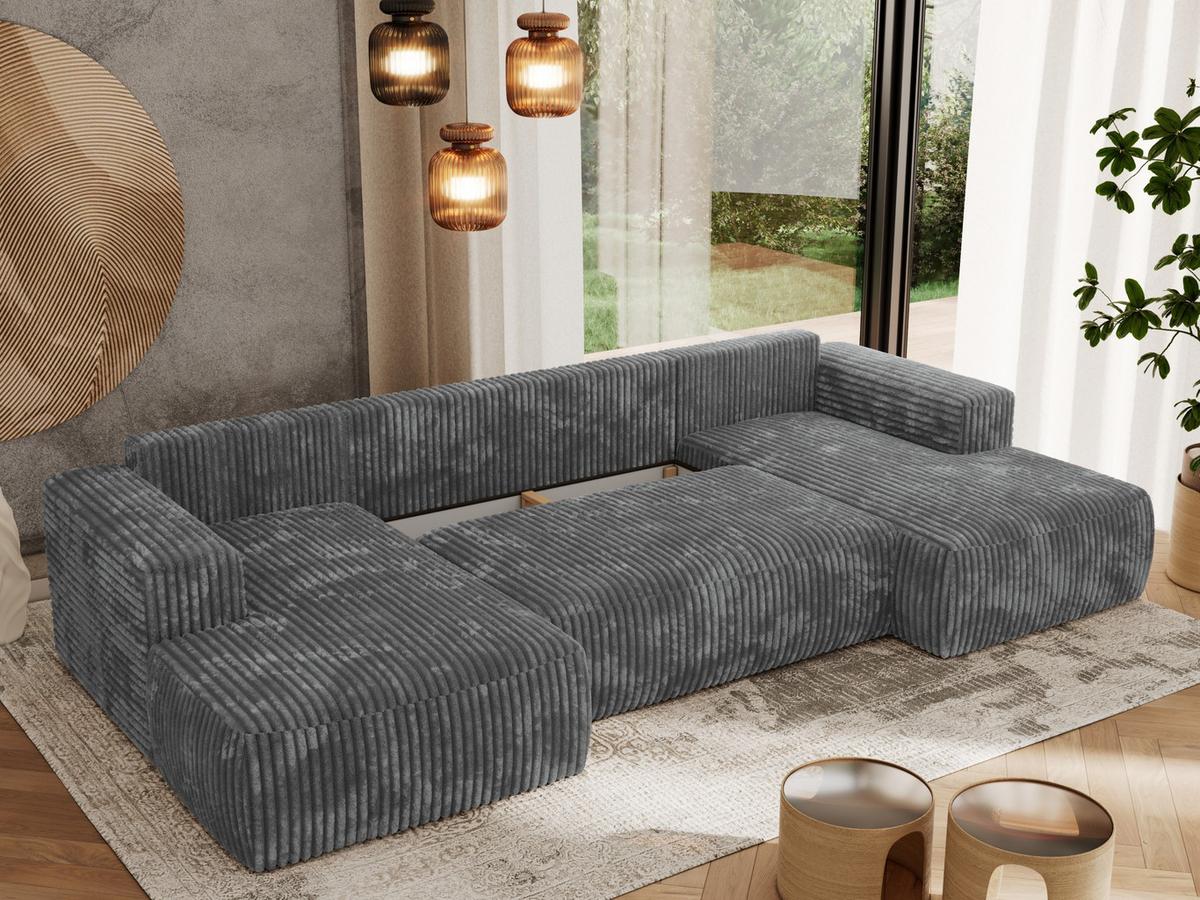 WOHNLANDSCHAFT TRENTINO U Dunkelgrau Cord - Dunkelgrau/Schwarz, Kunststoff/Textil (334/91/163cm) - MKS