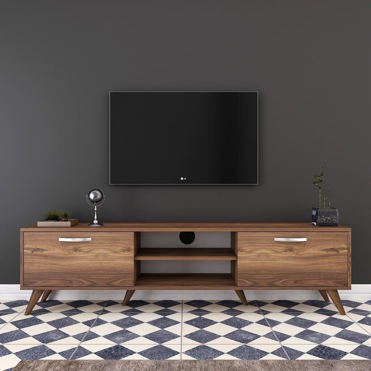 TV-MÖBEL 2 Klapptüren 2 offene Fächer in der Mitte Dekor Walnussholz 35/48,6/180 cm - Nussbaumfarben, Holzwerkstoff (180/48.6/40.5cm) - Calicosy