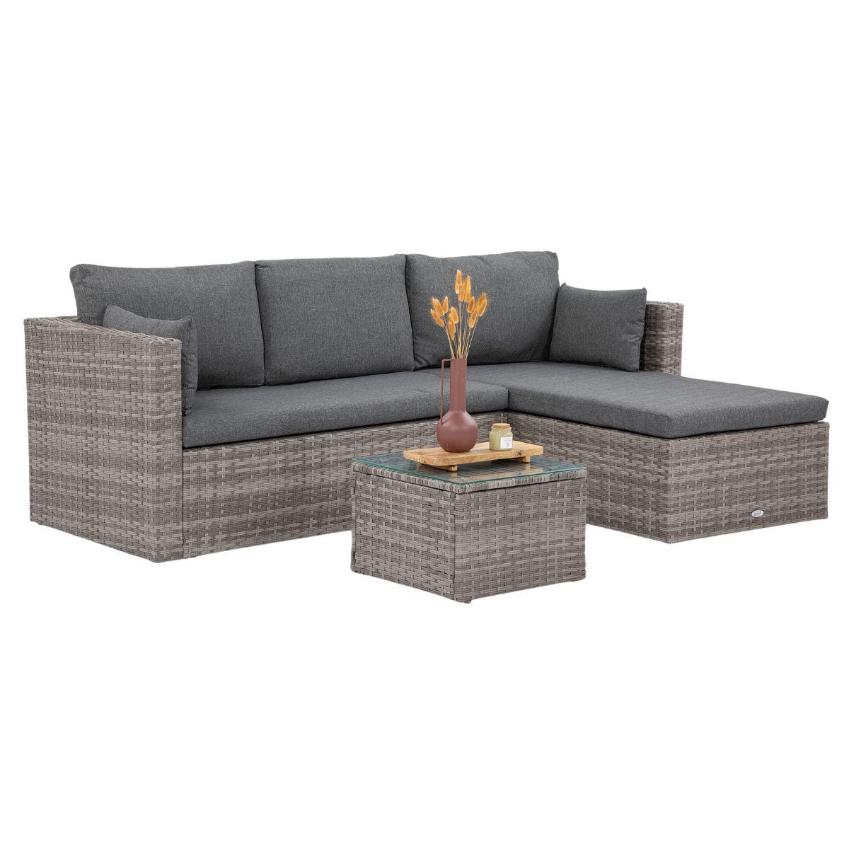 GARTENSET Sevilla, aus Technorattan, Ecksofa mit Couchtisch, Grau - Grau, Kunststoff - Beautysofa