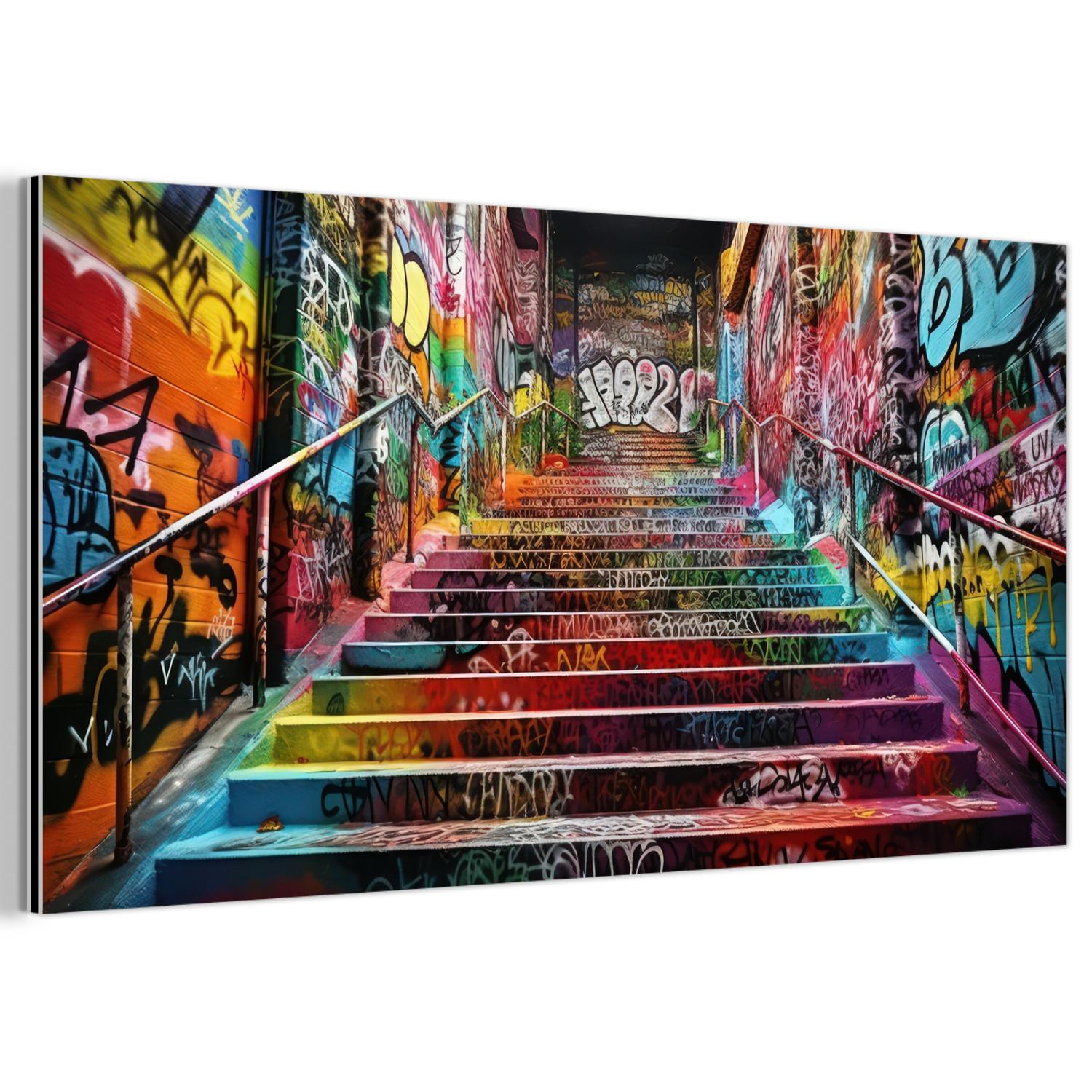 METALLBILD Treppe - Graffiti - Farben - Kunst 80x40 cm - Multicolor, Metall (80/40cm) - MuchoWow