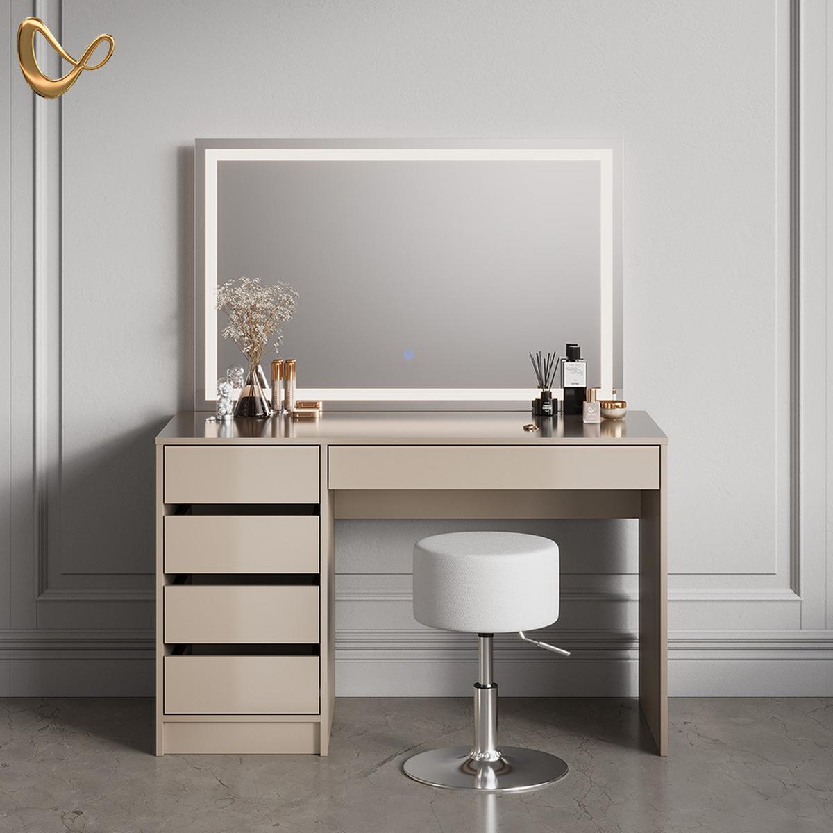 SCHMINKTISCH Imola Greige mit LED-Spiegel und Hocker - Greige, Holzwerkstoff (120/75/55cm) - Livinity®