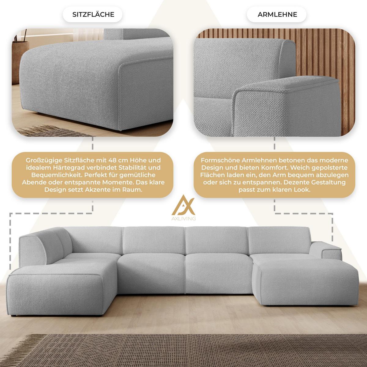 WOHNLANDSCHAFT Didim Hellgrau 378/220/78 cm – großes Sofa stilvoll & bequem L - Hellgrau/Schwarz, Kunststoff/Textil (220/78/378cm) - AX Living