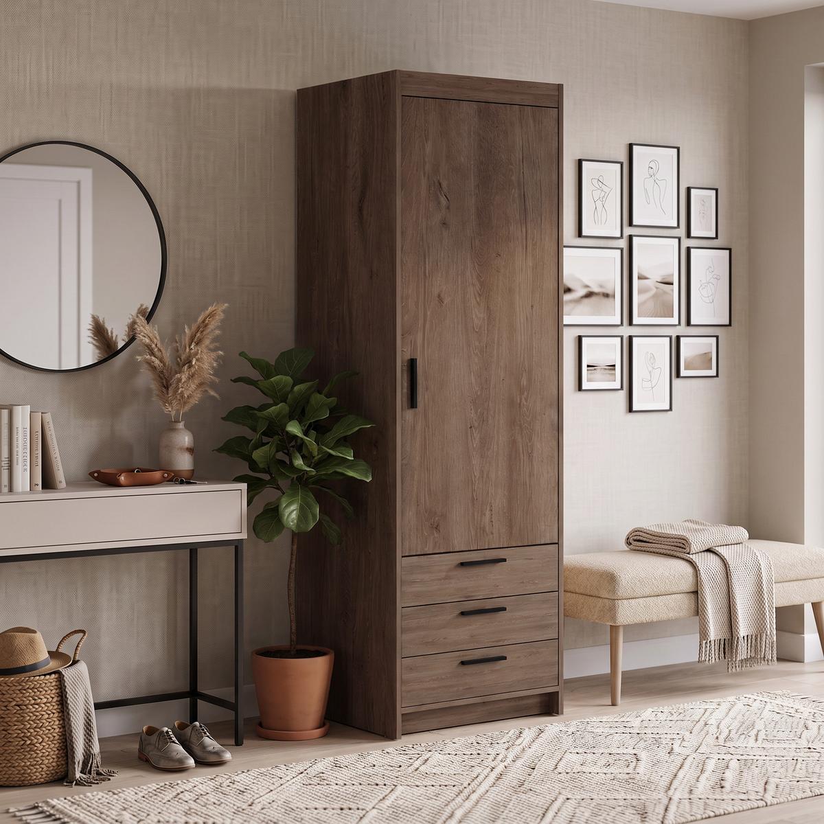 DREHTÜRENSCHRANK Elena mit 1 Tür und 3 Schubladen, Eiche Lefkas - Eichefarben, Holzwerkstoff (60/190/53cm) - Beautysofa