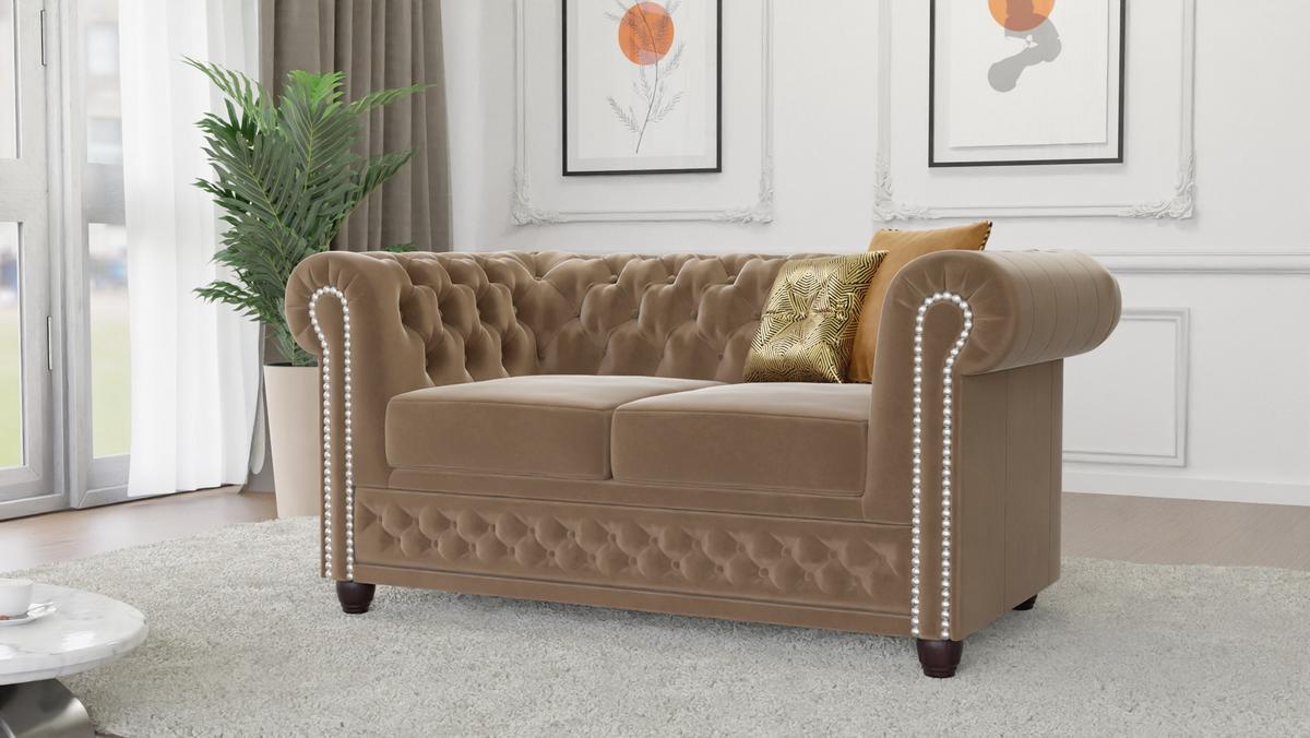 CHESTERFIELD-SOFA 2-sitzer mit Schlaffunktion Nyx Beige Samt - Beige/Braun, Holz/Textil (148/72/86cm) - S-Style Möbel