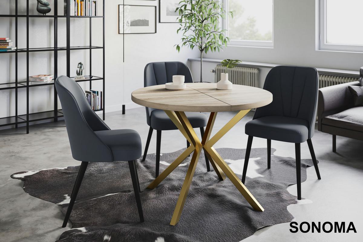 RUNDER Esszimmertisch LOFT LITEN, ausziehbarer Tisch Durchmesser: 90 cm/170 cm, Wohnzimmertisch Farbe: Beige, mit Metallbeinen in Farbe Gold - Goldfarben/Sonoma Eiche, Holzwerkstoff (90/90/76cm) - Alpi-Möbel