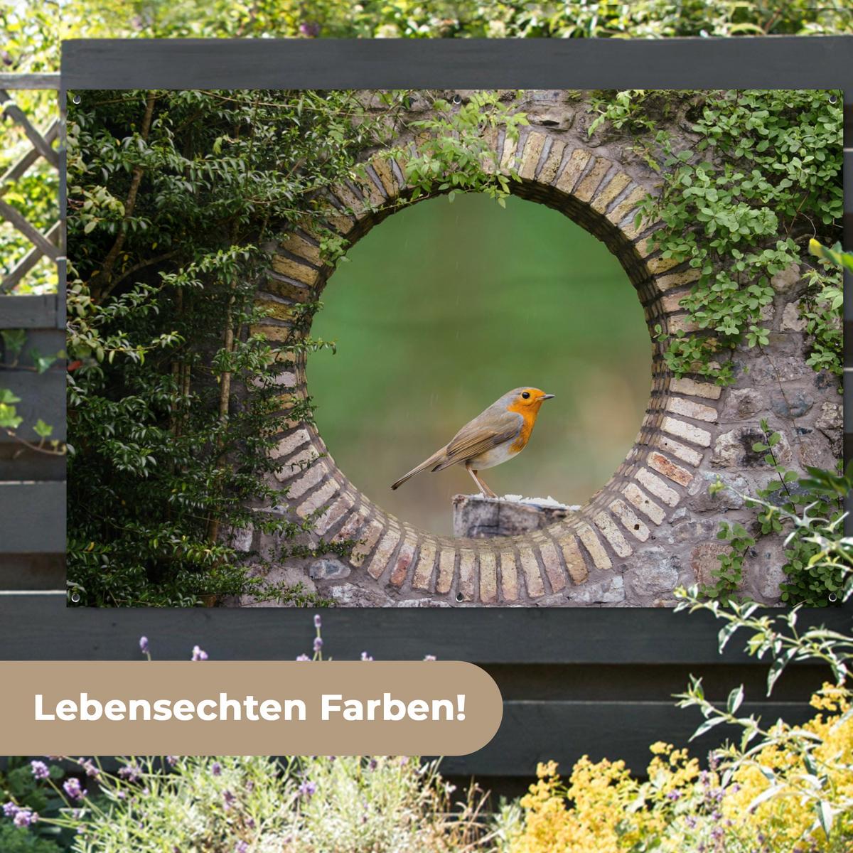 GARTENPOSTER Vogel - Durchblick - Rotkehlchen Poster für draußen 180x120 cm - Grün, Kunststoff (180/120/0.2cm) - OnlyWow