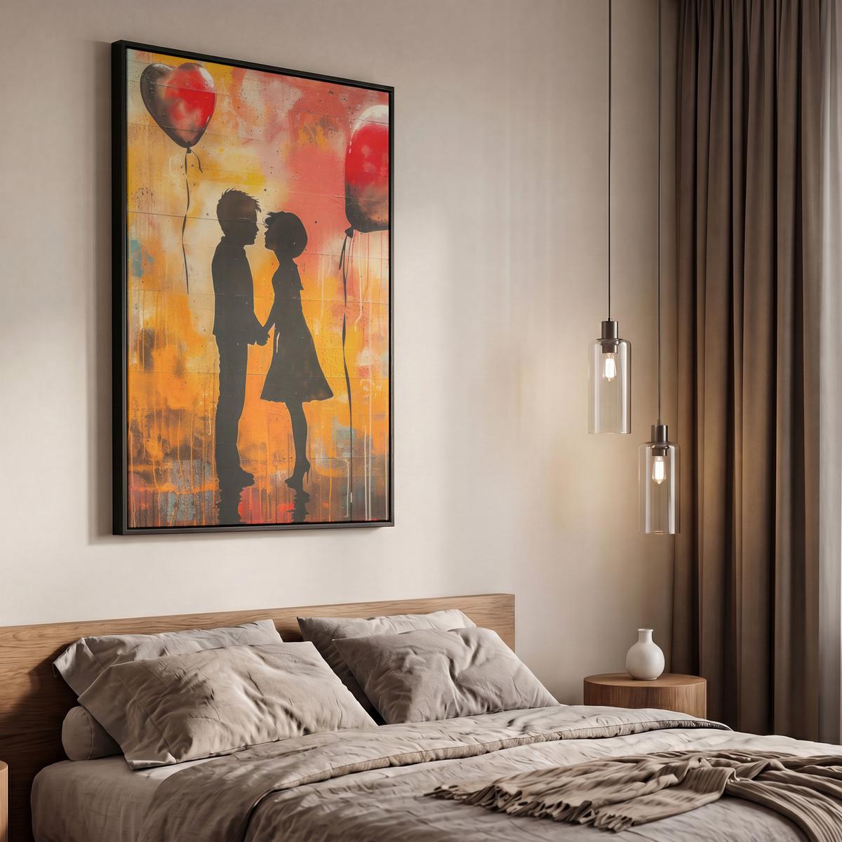 LEINWAND Bilder mit Rahmen - Straßenkunst - Liebe - Graffiti - Kunst - Banksy - 60x90 - Orange, Textil (60/90cm) - MuchoWow