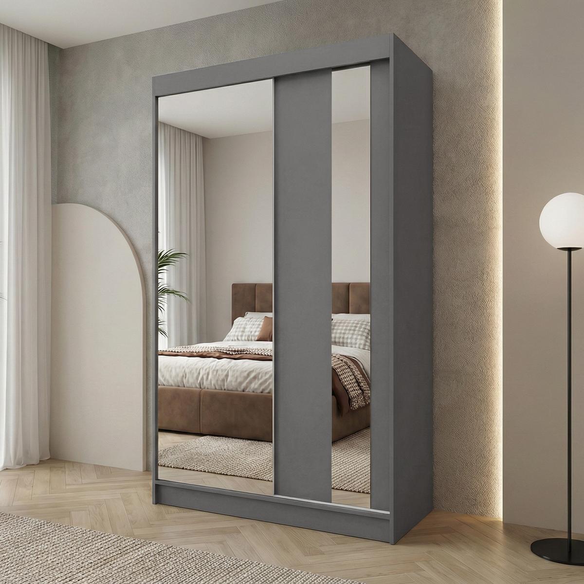SCHWEBETÜRENSCHRANK Gaja II 120/216/61 graphit mit Spiegel und Schubladen - Graphitfarben, Holzwerkstoff (120/216/61cm) - Beautysofa