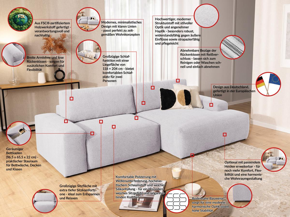 ECKSOFA Lennon aus Greige Strukturstoff mit Schlaffunktion und Bettkasten - Greige/Schwarz, Holz/Kunststoff (264/137cm) - S-Style
