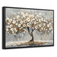 LEINWAND Bilder mit Rahmen - Baum - Blumen - Weiß - Natur - Kunst - 60x40 - Weiß, Textil (60/40cm) - MuchoWow