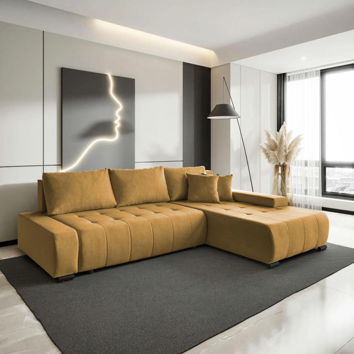 ECKSCHLAFSOFA Draco L Gelb - Gelb/Schwarz, Textil/Metall (268/183cm) - Beautysofa