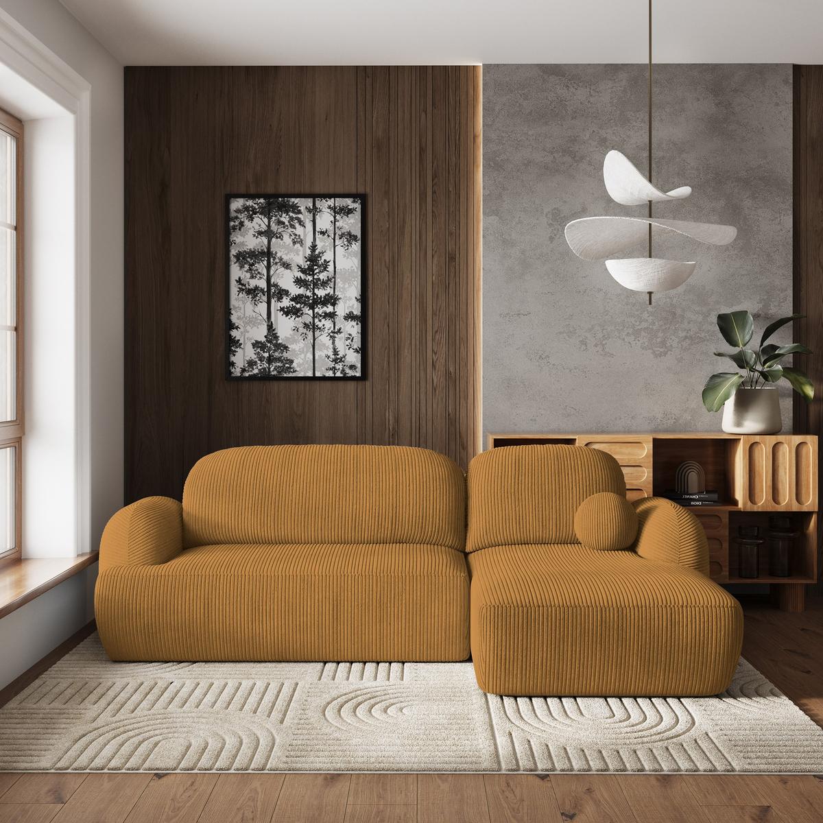 ECKSOFA MODENZA P R-S Gelb Kordstoff mit Schlaffunktion - Gelb/Schwarz, Holz/Kunststoff (266/148cm) - MASSENO