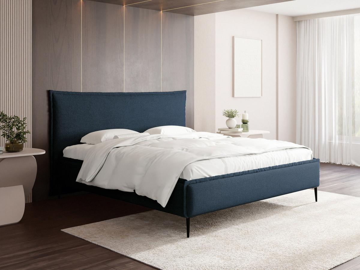 POLSTERBETT Pillow Rise mit Bettkasten, Lattenrost & hohen Metallfüßen in Dunkelblau Chenille 200x200 cm - Birkefarben/Schwarz, Holz/Holzwerkstoff (200/200cm) - WFL GROUP