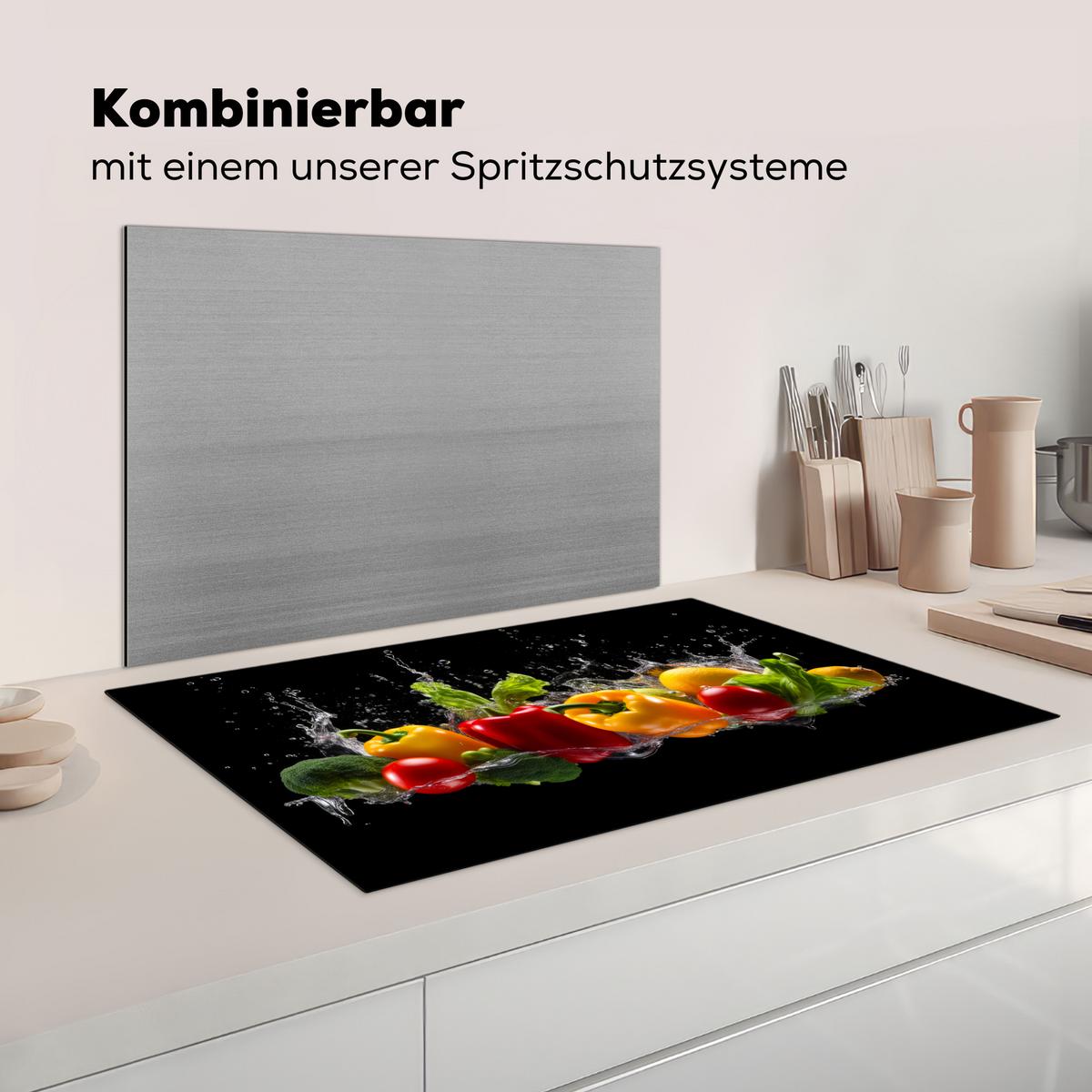 HERDABDECKPLATTE Paprika - Wasser - Gemüse - Schwarz Induktionsmatte 83x51 cm - Multicolor, Kunststoff (83/51.5/0.2cm) - MuchoWow