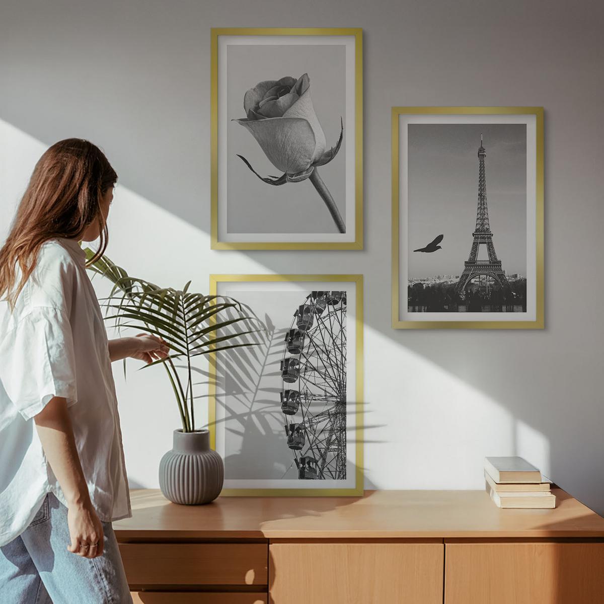BILDER SET 3er Set - 40x60 cm Goldrahmen - Rose Eiffelturm Riesenrad - Goldfarben, Kunststoff (40/60cm) - TULUP