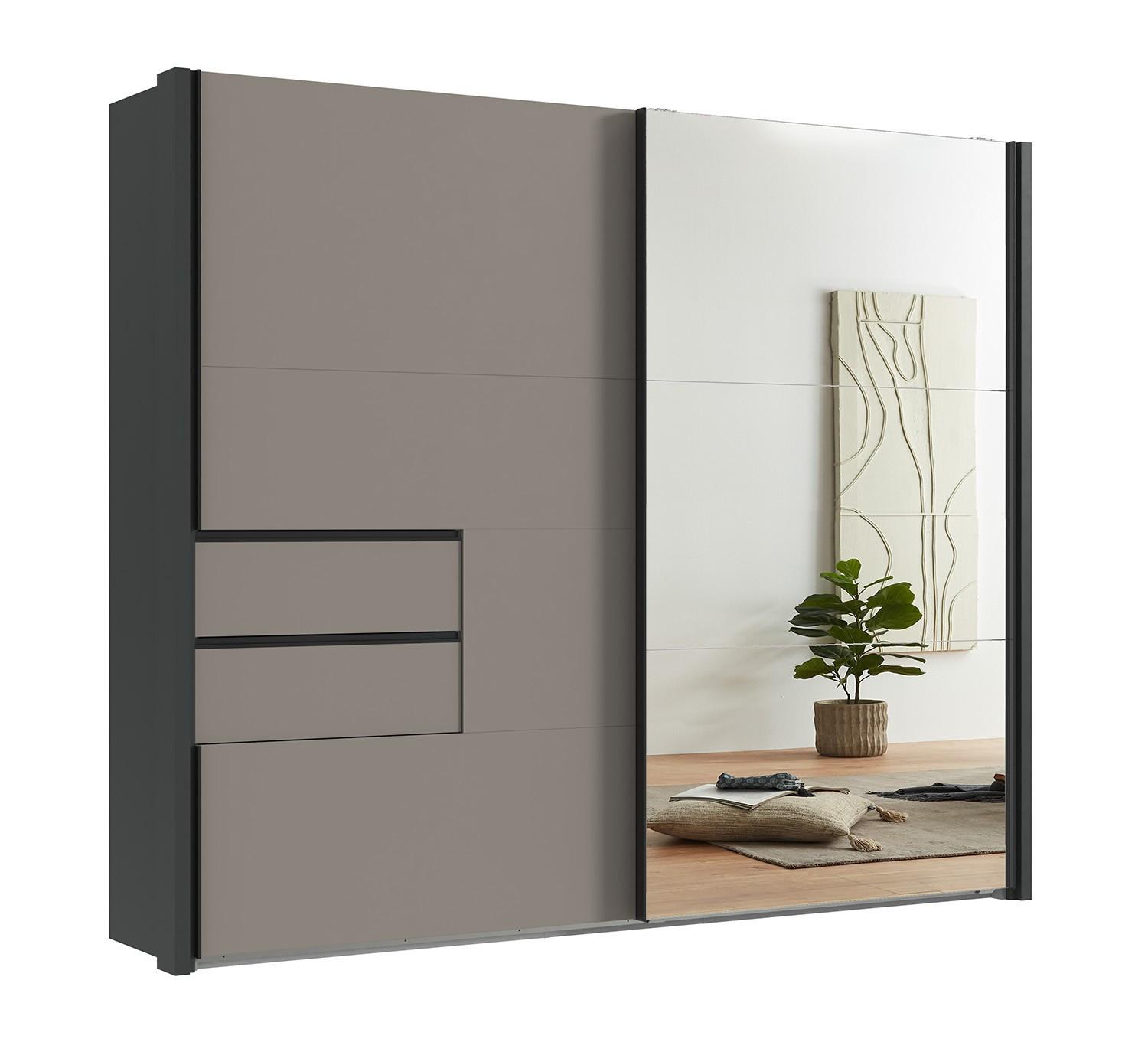 SCHWEBETÜRENSCHRANK 2-türig B262/H216/T65 cm, Korpus&Passepartout Grafit, Türen&Schubladen Sandgrau/Spiegel, Kleiderschrank inkl. Vollausst. / 22062 - Sandfarben/Bordeaux, Holzwerkstoff/Metall (262/216/65cm) - luma-home