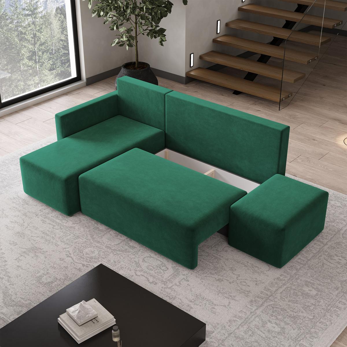 ECKSOFA VELOTTI L-S Grün Plüsch-Stoff mit Schlaffunktion - Grün, Holz (261/143cm) - MASSENO