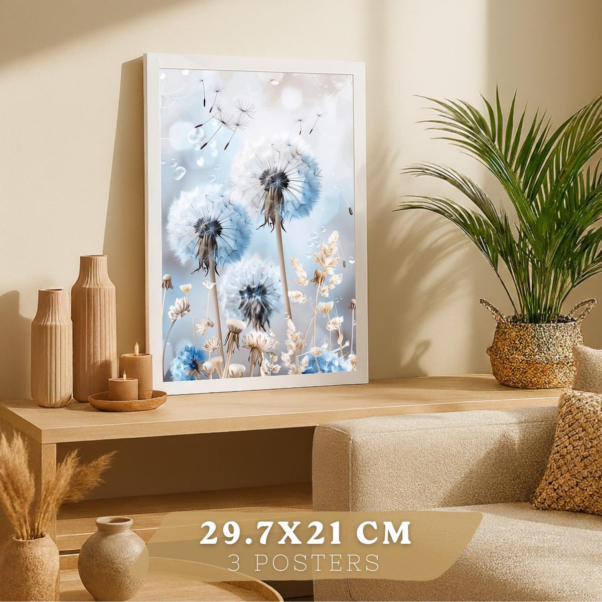 POSTER 3er Kunstdruck-Set Wandbilder Floral Blau modern Wohnzimmer Deko, Schlafzimmer, Küche, Badezimmer Weißer Rahmen A4 - Weiß, Papier (29.7/1/21cm) - Nacnic