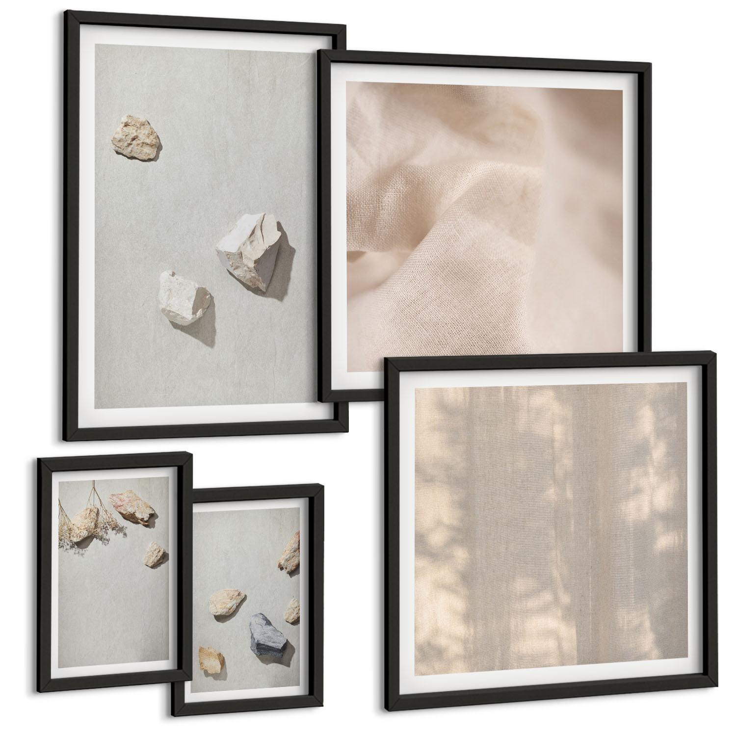 BILDER SET 5er Set - 50x50 cm & 20x30 cm & 40x60 cm Schwarzer Rahmen - Boho-Stranddekorationen aus Steinen - Schwarz, Kunststoff (40/60cm) - TULUP