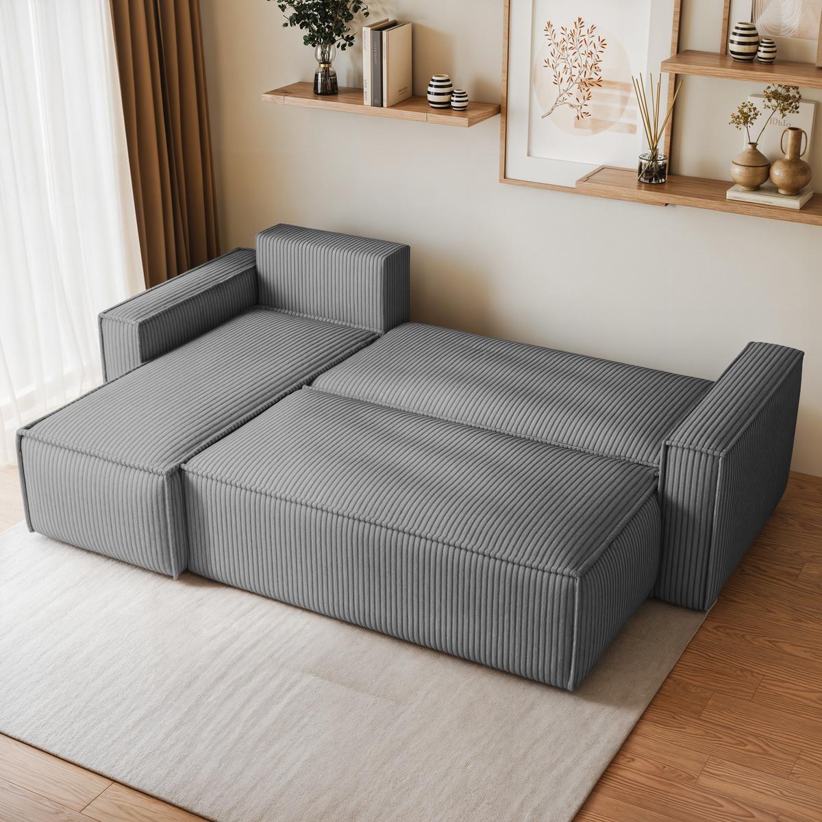 ECKSOFA RAVELO P Hellgrau Kordstoff mit Schlaffunktion - Hellgrau/Grau, Holz/Kunststoff (240/140cm) - MASSENO