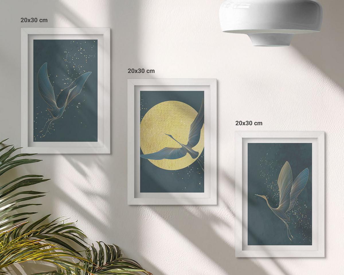 BILDER SET 3er Set - 20x30 cm Weißer Rahmen - Kraniche im Flug bei Nacht - Weiß, Kunststoff (20/30cm) - TULUP