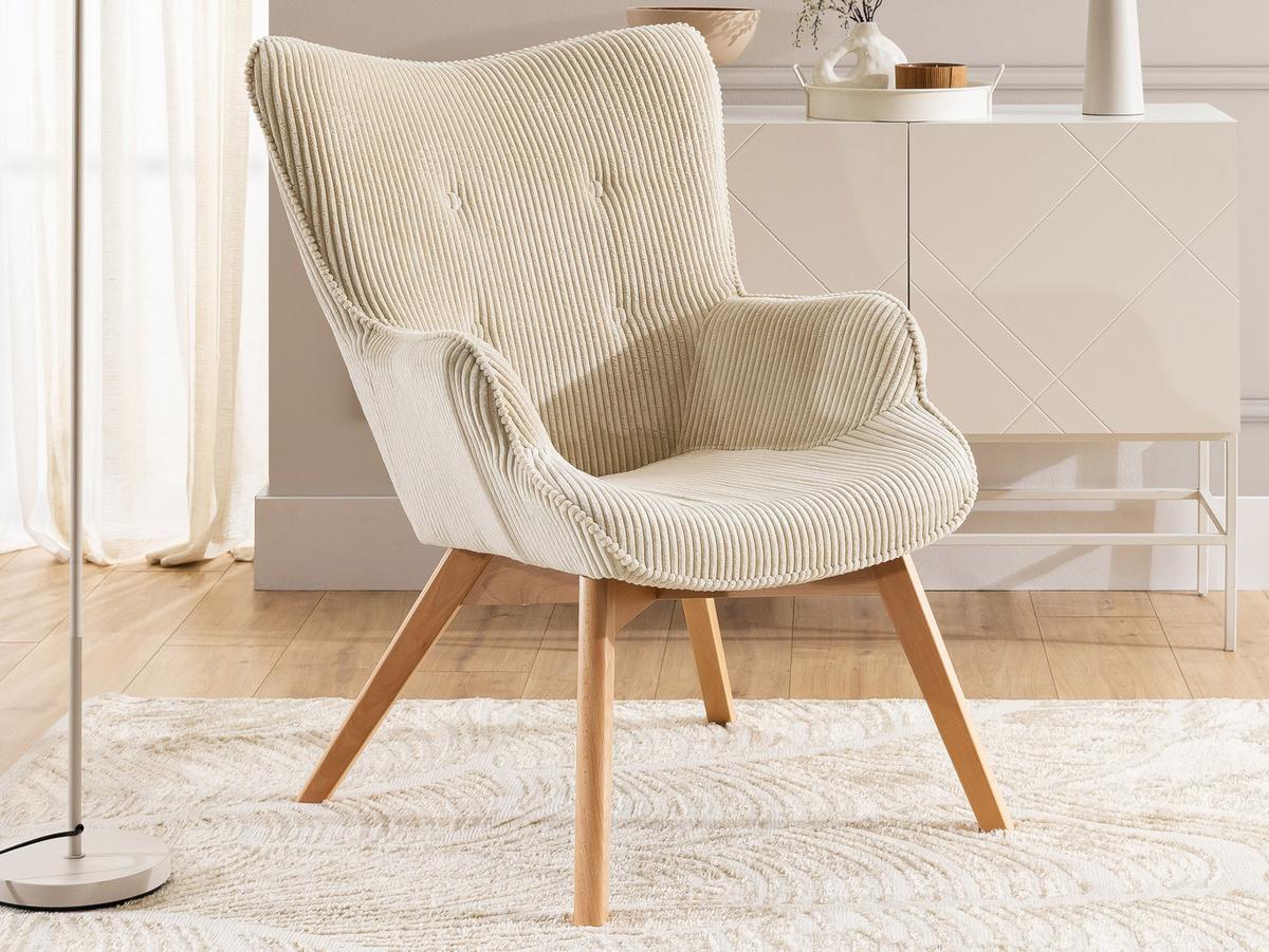 LOUNGESESSEL mit Fußhocker Lenari Beige Cordstoff mit Füßen in Natur - Beige/Naturfarben, Holz/Textil (71/96/86cm) - S-Style Möbel