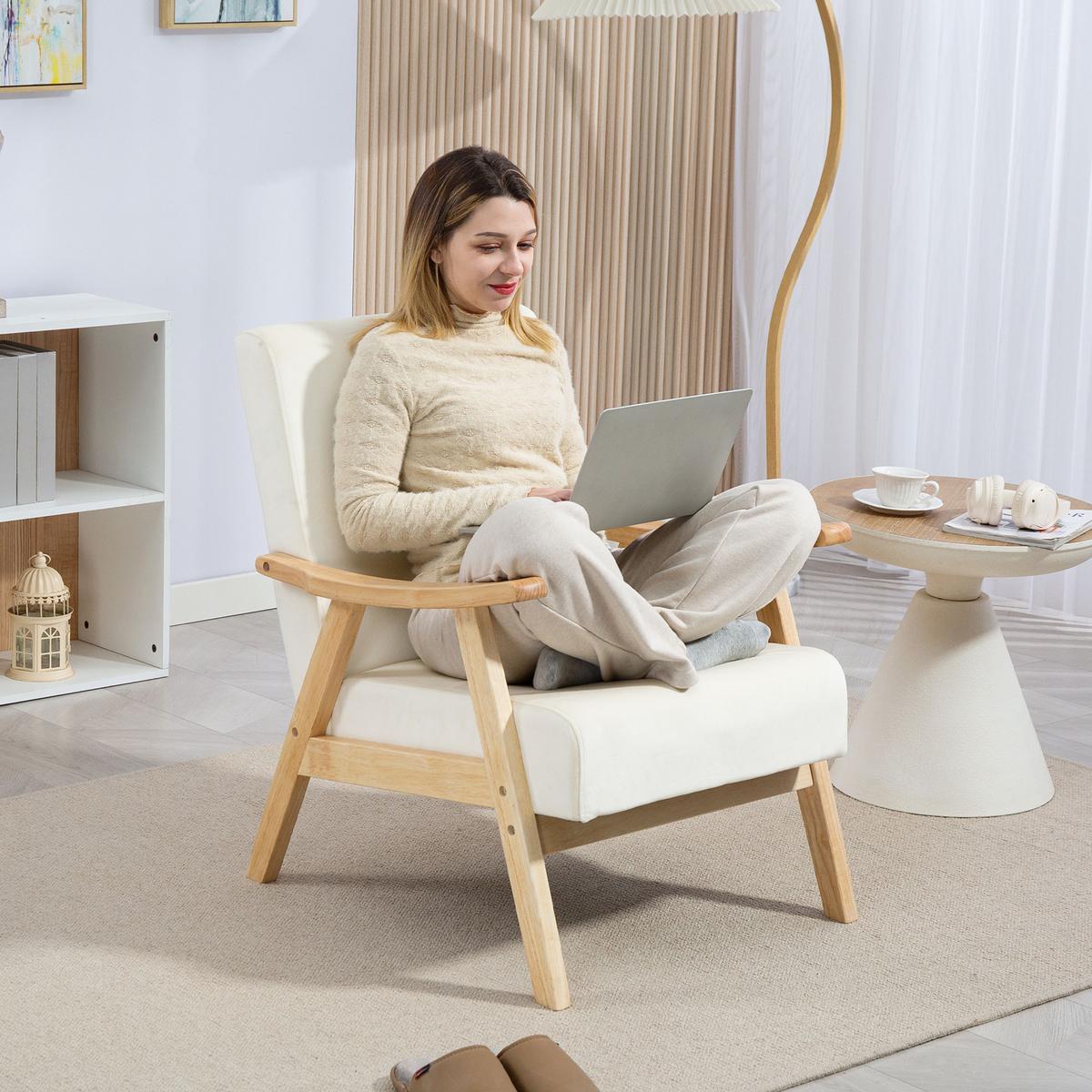 SESSEL Wohnzimmer Nordisch Relaxsessel mit Armlehne, Sitzkissen Cremeweiß - Creme, Kunststoff (65/83/80cm) - HOMCOM