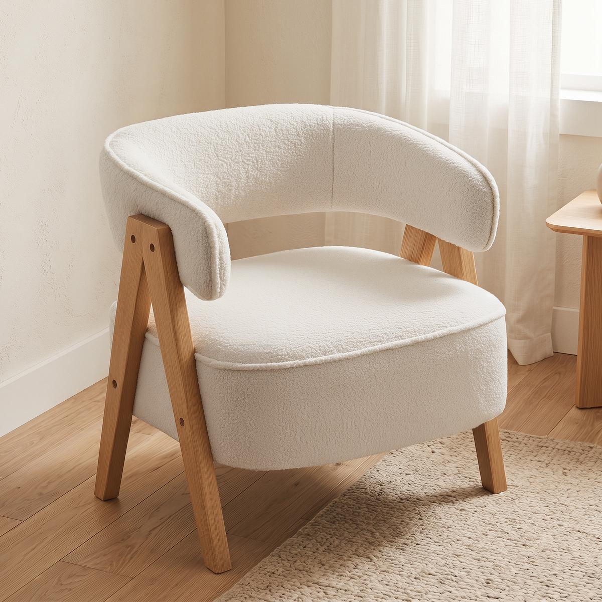 SESSEL gepolsterter Loungesessel mit Armlehnen, Fleece-Optik, Weiß - Weiß/Naturfarben, Holz/Textil (64/71/70cm) - HOMCOM