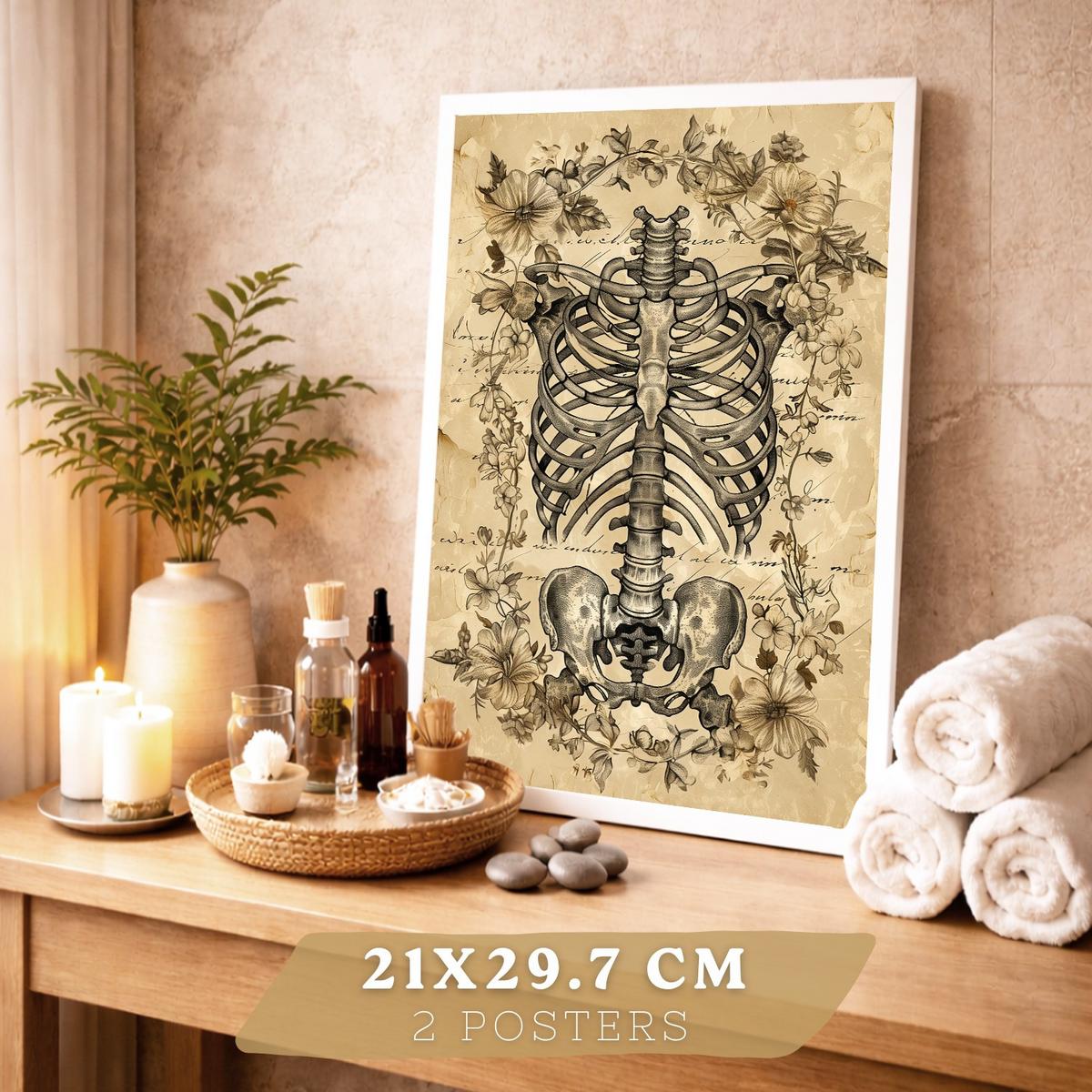 POSTER Set aus 2 Anatomie Mensch Drucke und Wandbilder mit Schädel Wirbelsäule Rippen Becken Klassisches Vintage Design Größe Rahmenlos A4 - Klar, Papier (21/29.7/3cm) - Nacnic