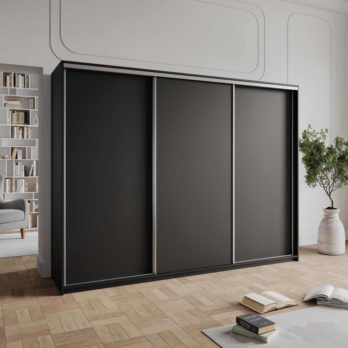 SCHWEBETÜRENSCHRANK NISSE 250/205/60 cm 3-türig mit Schubladen Schwarz - Schwarz/Nickelfarben, Holzwerkstoff (250/205/60cm) - MASSENO
