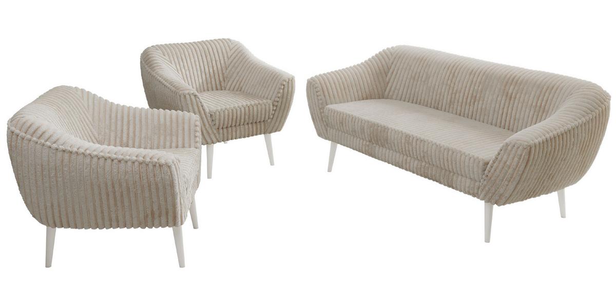 SITZGARNITUR PIRS 3+1+1 - Beige Cord - Weiße Beine - Beige/Creme, Holzwerkstoff/Textil (180/75/74cm) - MKS