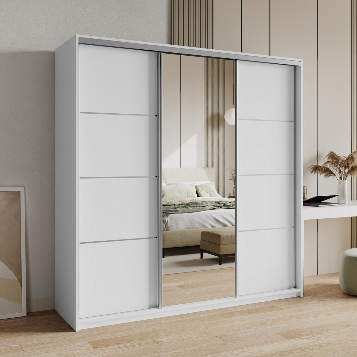 SCHWEBETÜRENSCHRANK VARO 180/205/60 cm 3-türig mit Spiegel und Schubladen Weiß - Weiß/Nickelfarben, Holzwerkstoff (180/205/60cm) - MASSENO