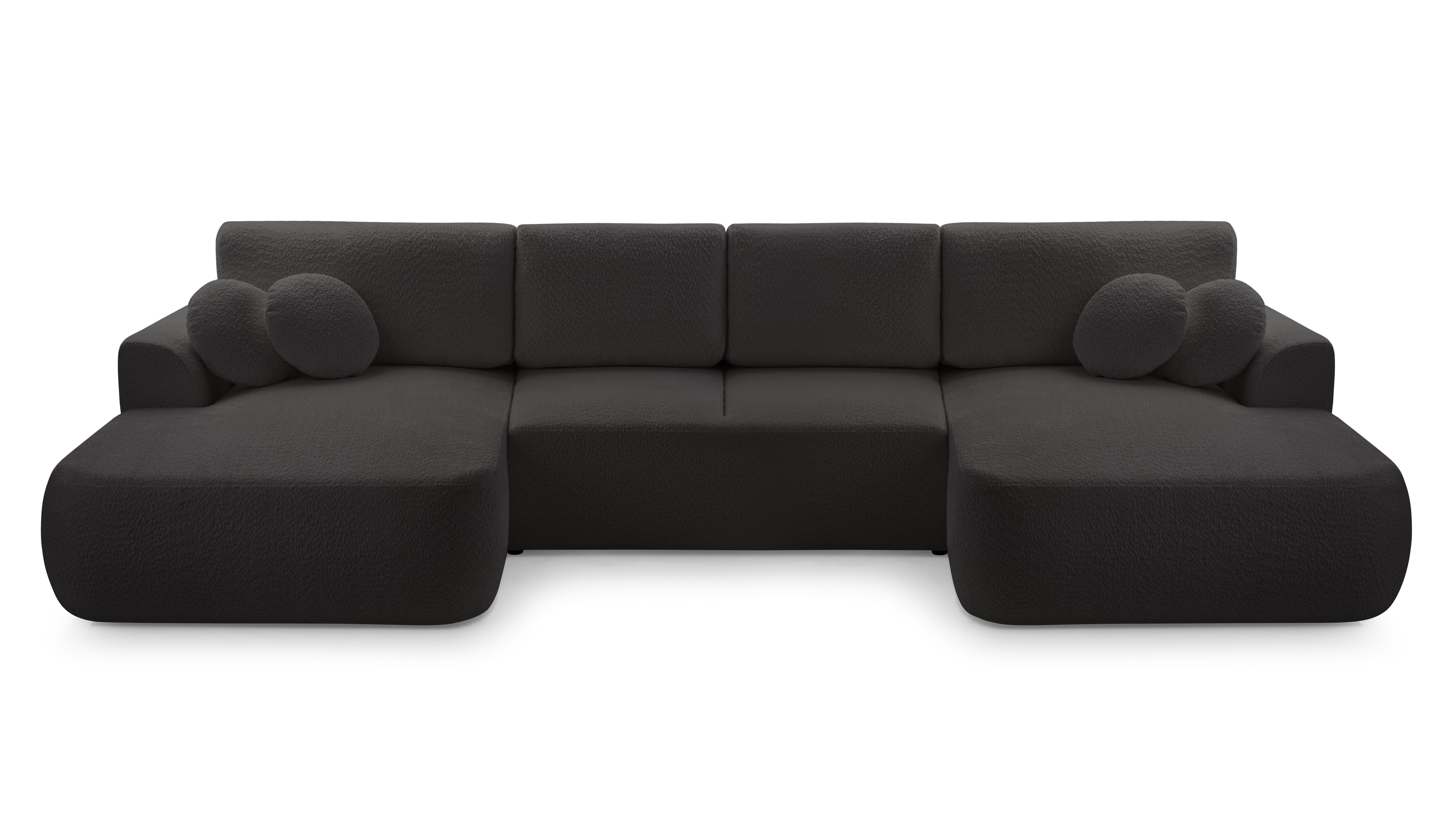 WOHNLANDSCHAFT FILO Schwarz Boucle-Stoff mit Schlaffunktion - Schwarz, Holz (364/87/168cm) - MASSENO
