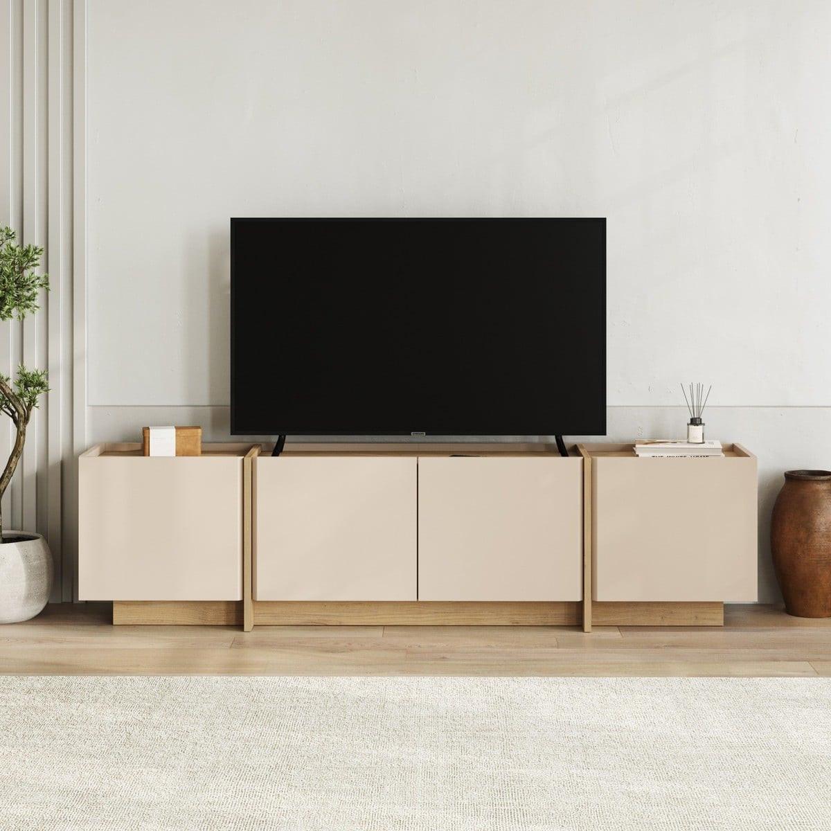 TV-MÖBEL mit 4 Türen in Kaschmir- und Eiche-dekor 180/35/46 cm - Beige, Holzwerkstoff (35/46/34cm) - Calicosy