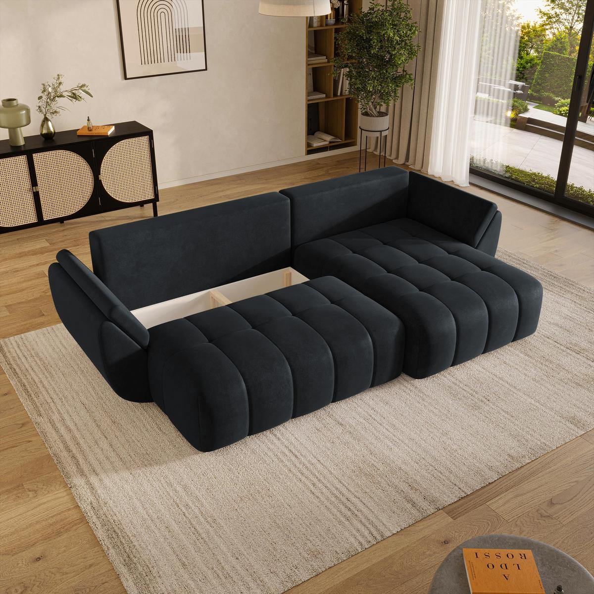 ECKSOFA OLSI Schwarz Velours-Stoff mit Schlaffunktion - Schwarz, Holz (285/148cm) - MASSENO