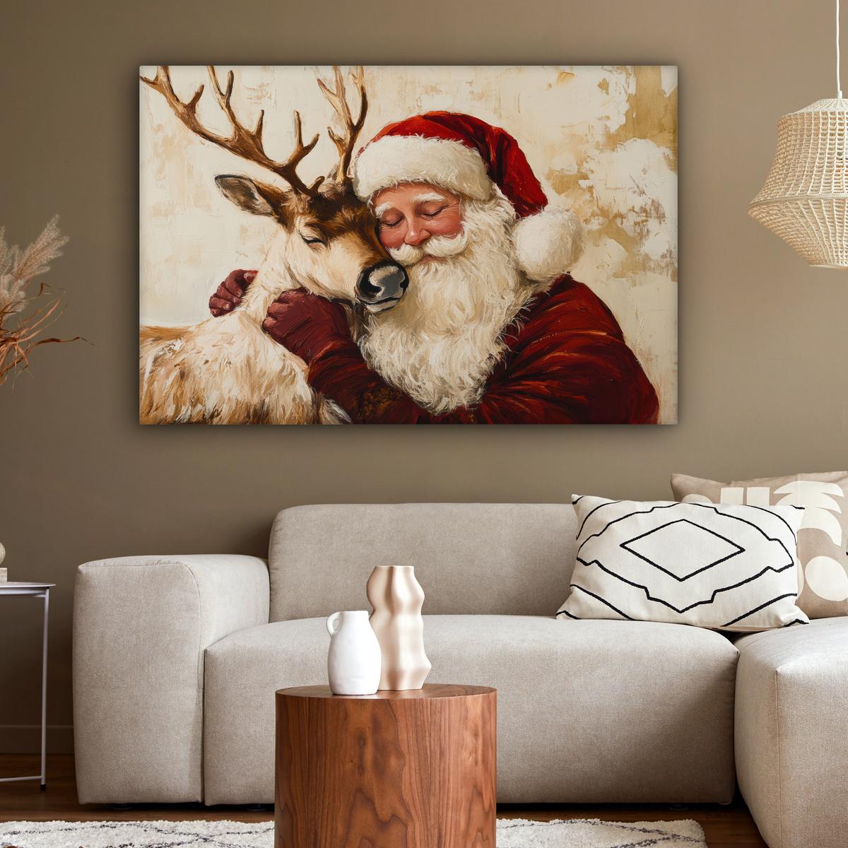 LEINWANDBILD Weihnachtsmann - Rentier - Weihnachten XXL 150x100 cm - Rotbraun, Textil (150/100cm) - MuchoWow