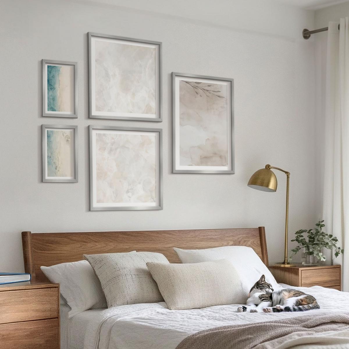 BILDER SET 5er Set - 50x50 cm & 20x30 cm & 40x60 cm Silberner Rahmen - Aquarellmalerei-Textur - Silberfarben, Kunststoff (40/60cm) - TULUP
