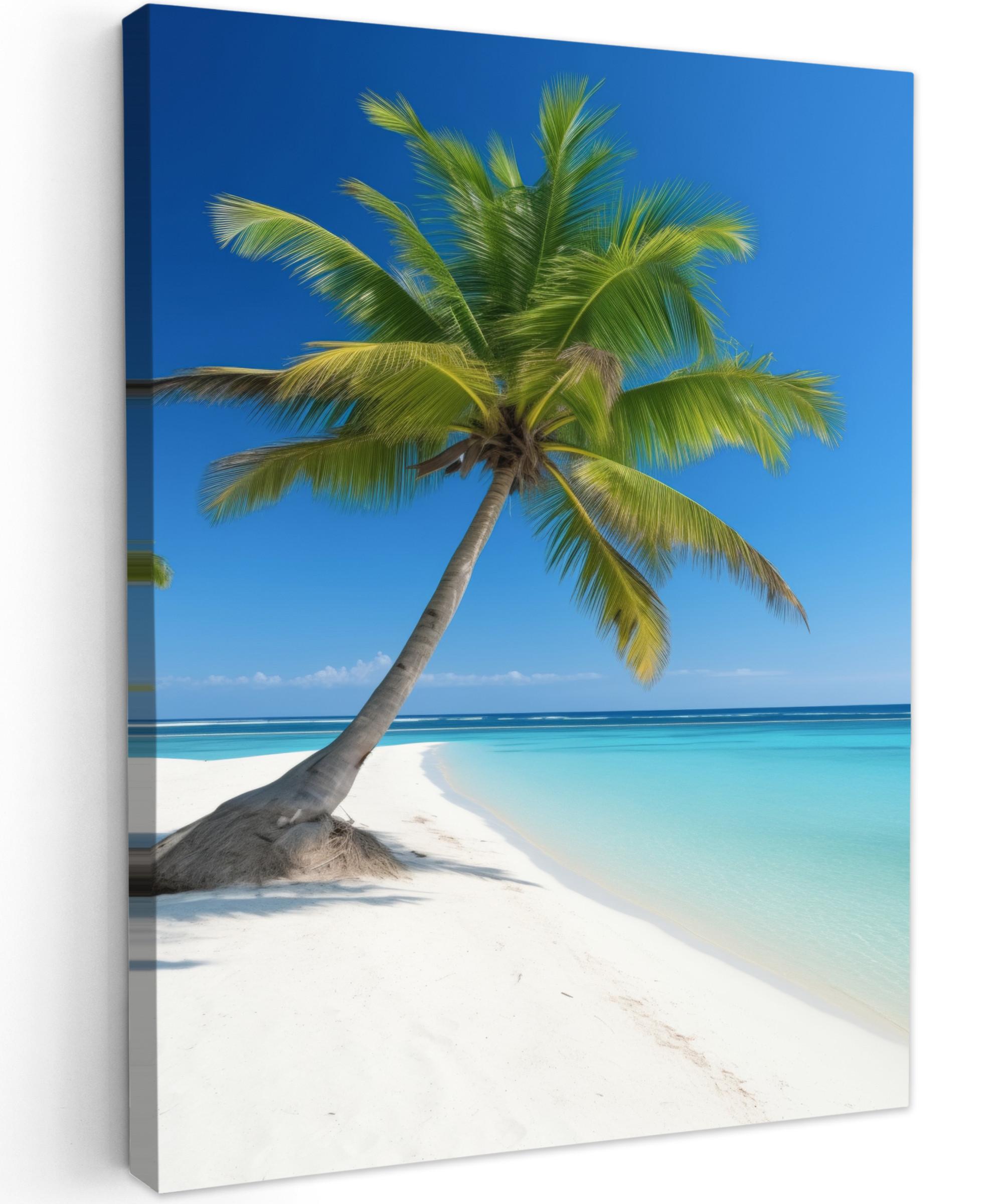 LEINWANDBILD Strand - Palme - Tropisch - Meer Wandbild Wohnzimmer 60x80 cm - Grün, Textil (60/80cm) - MuchoWow